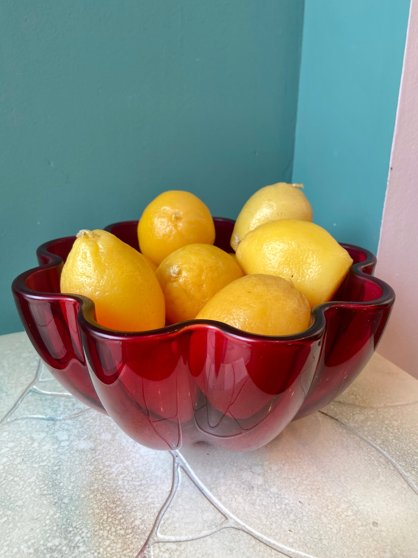 Vintage Crystal Ruby Scalloped Edge Serving Bowl