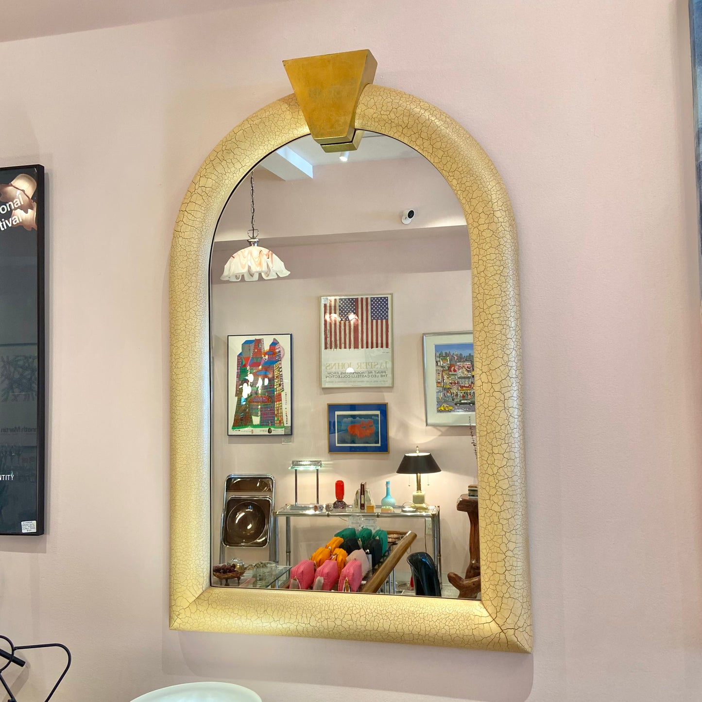 Large Vintage Karl Springer Style Crackle Paint and Gold Leaf Mirror