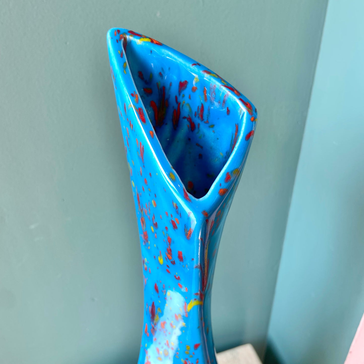 Vintage Tall Blue Speckled Ceramic Vase