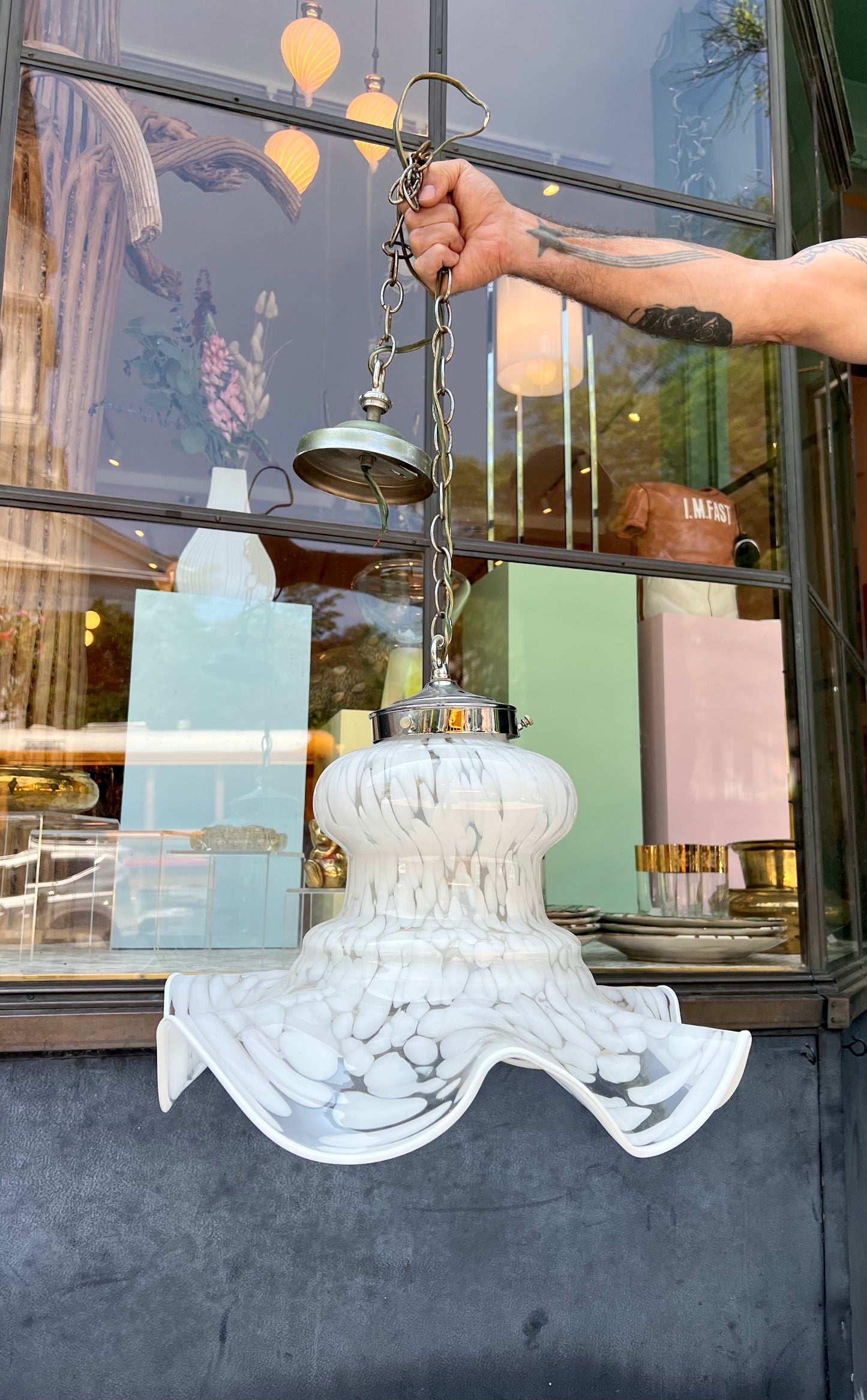 Vintage Carlo Nason Style Murano Glass White Frosted Pendant Chandelier