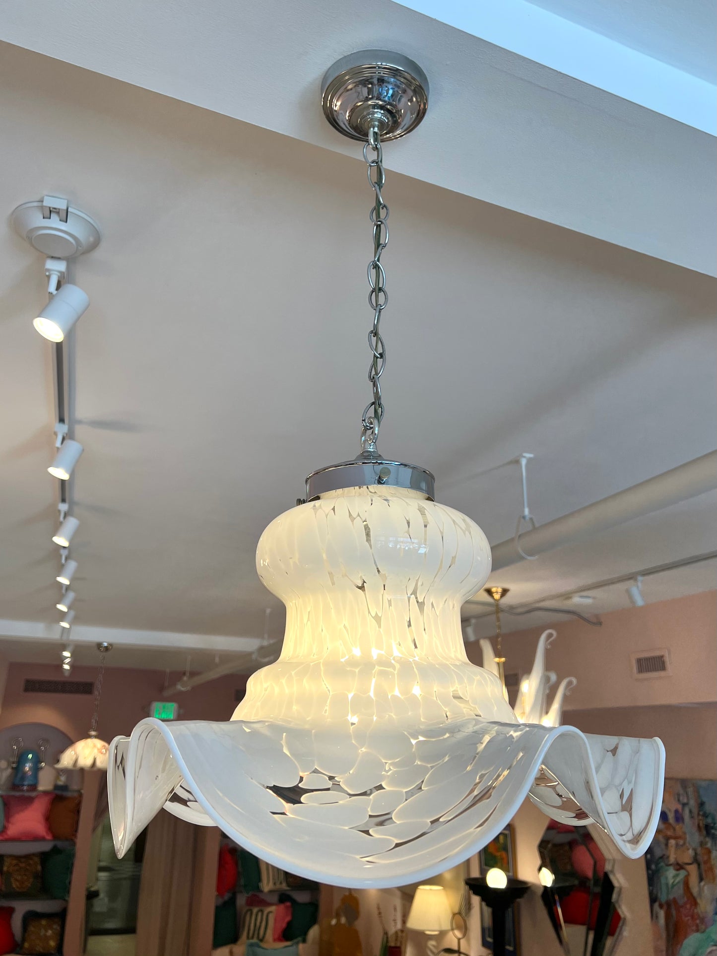 Vintage Carlo Nason Style Murano Glass White Frosted Pendant Chandelier