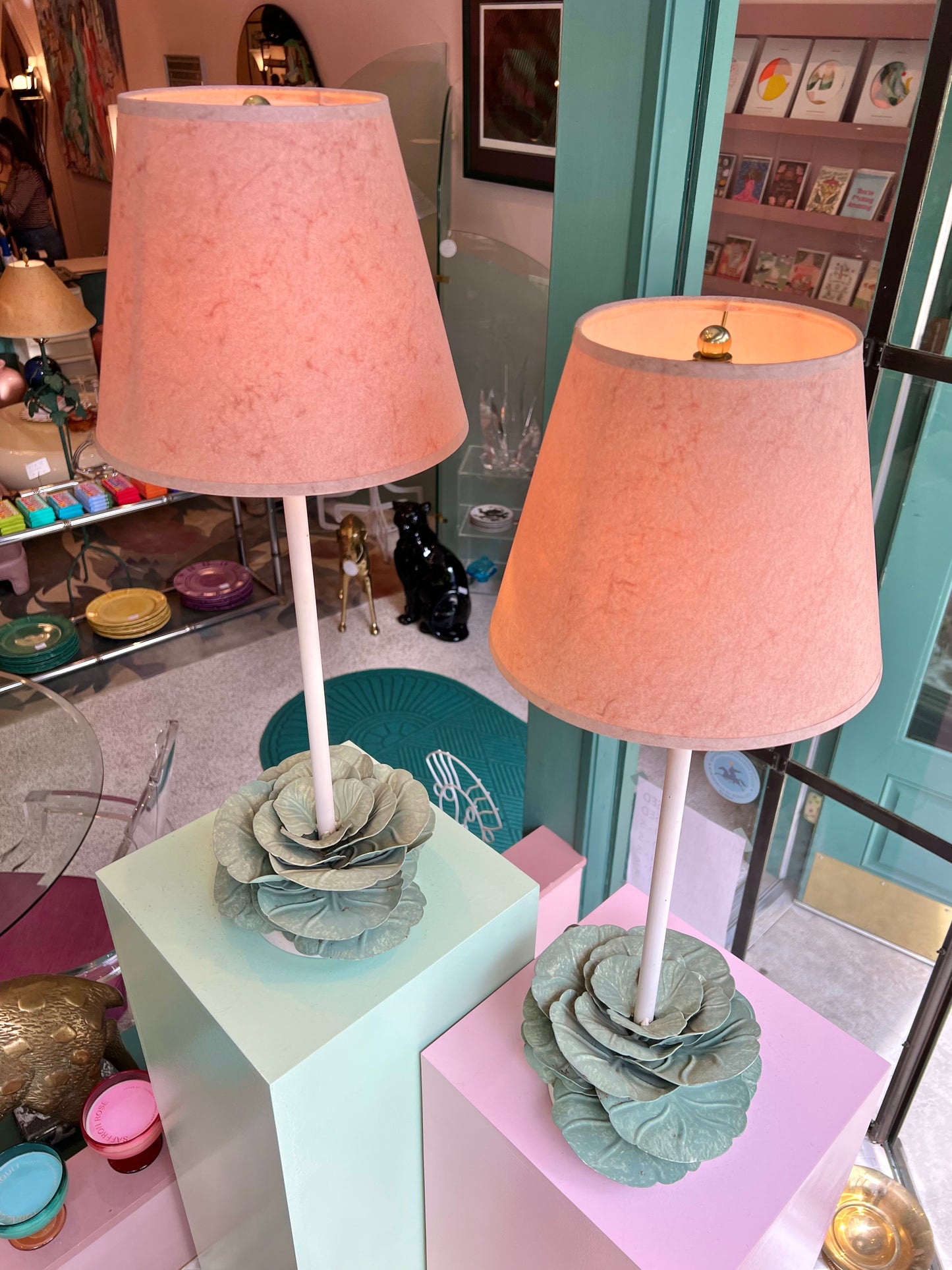 Pair of Vintage Metal Cabbage Lamps with Blush Shades