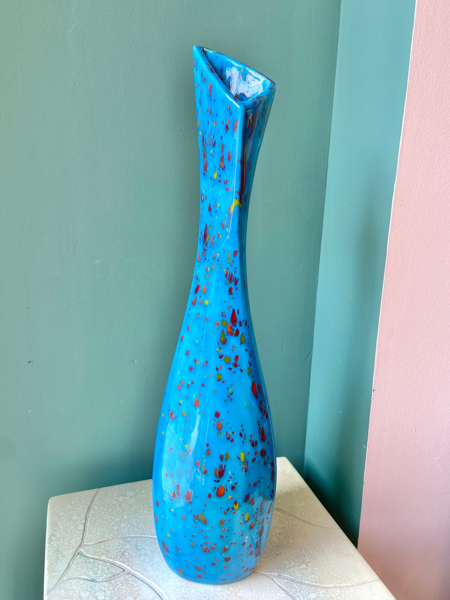 Vintage Tall Blue Speckled Ceramic Vase
