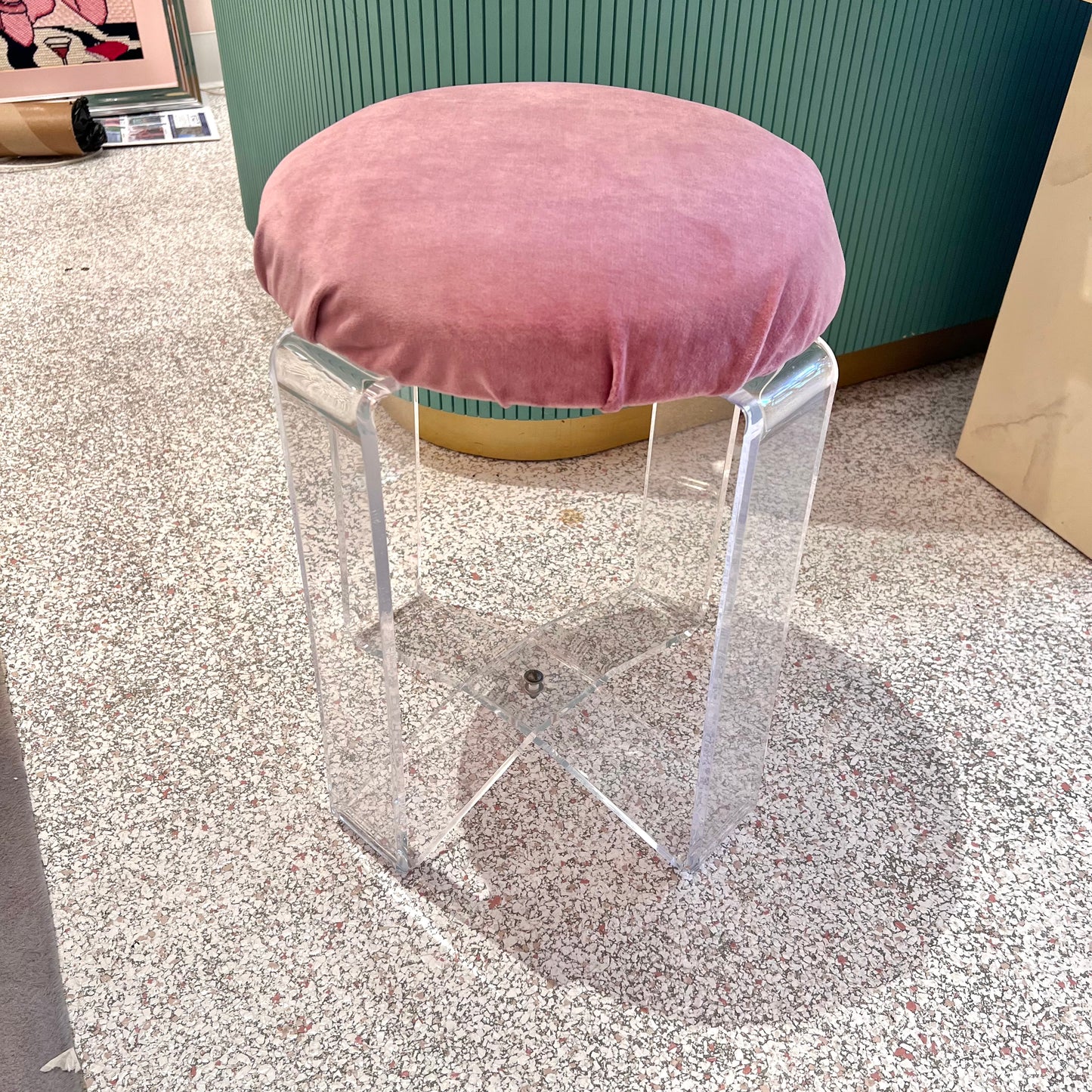 Vintage Lucite and Pink Velvet Vanity Stool