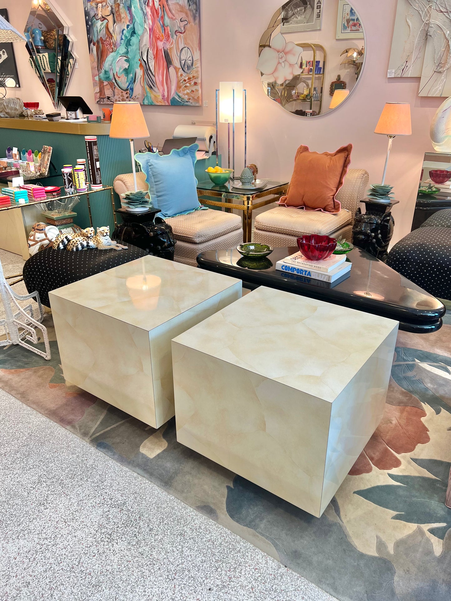 1980's Faux Goatskin Laminate Cube Side Table/item