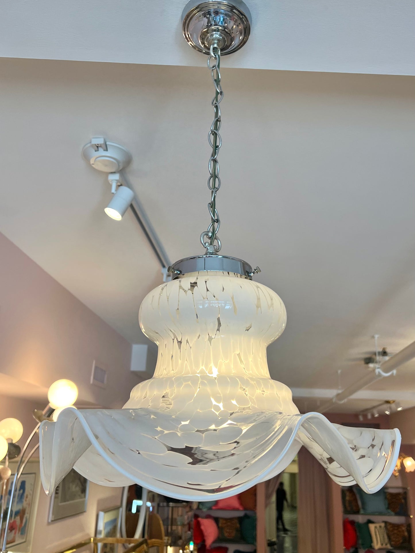Vintage Carlo Nason Style Murano Glass White Frosted Pendant Chandelier