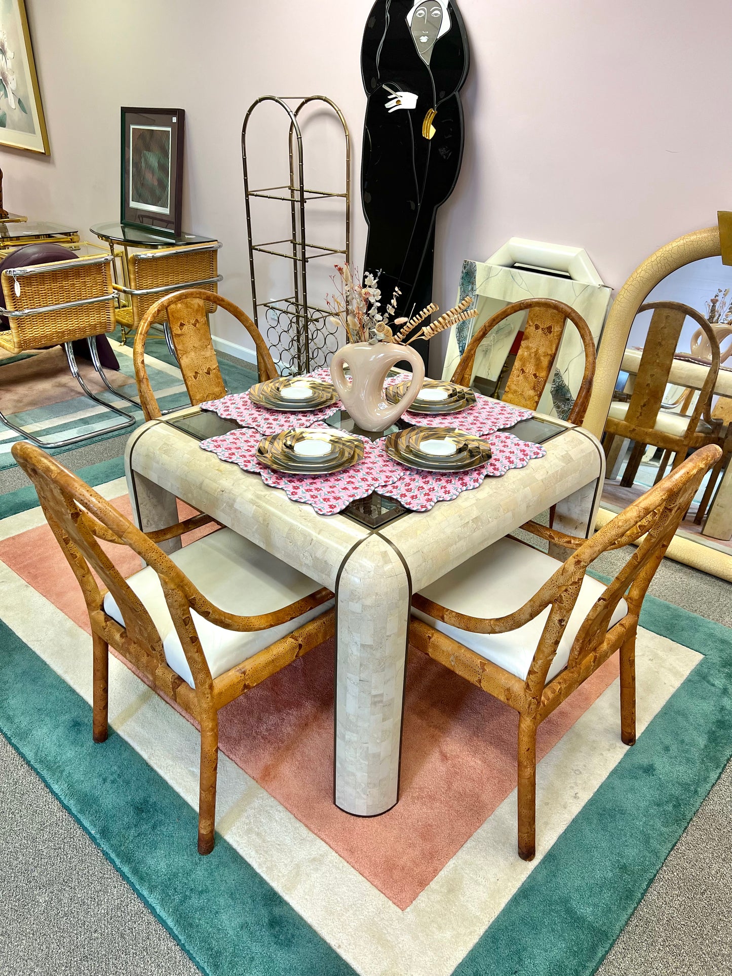 Vintage Tessellated Stone, Glass and Brass Inlay Square Dining Table