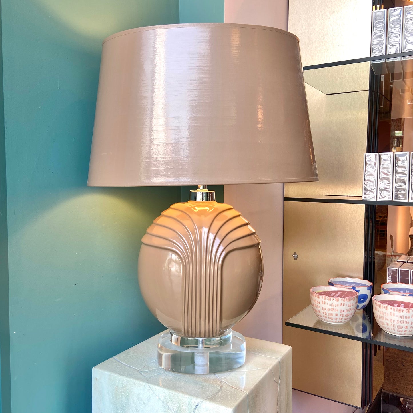 Vintage Art Deco Style Taupe Ceramic and Lucite Table Lamp