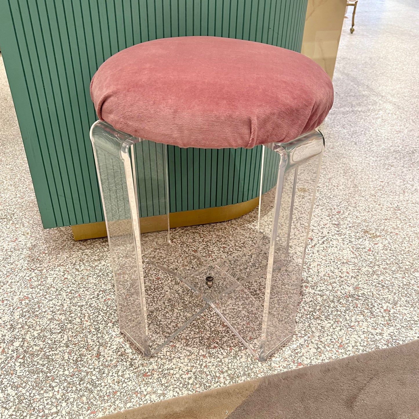 Vintage Lucite and Pink Velvet Vanity Stool