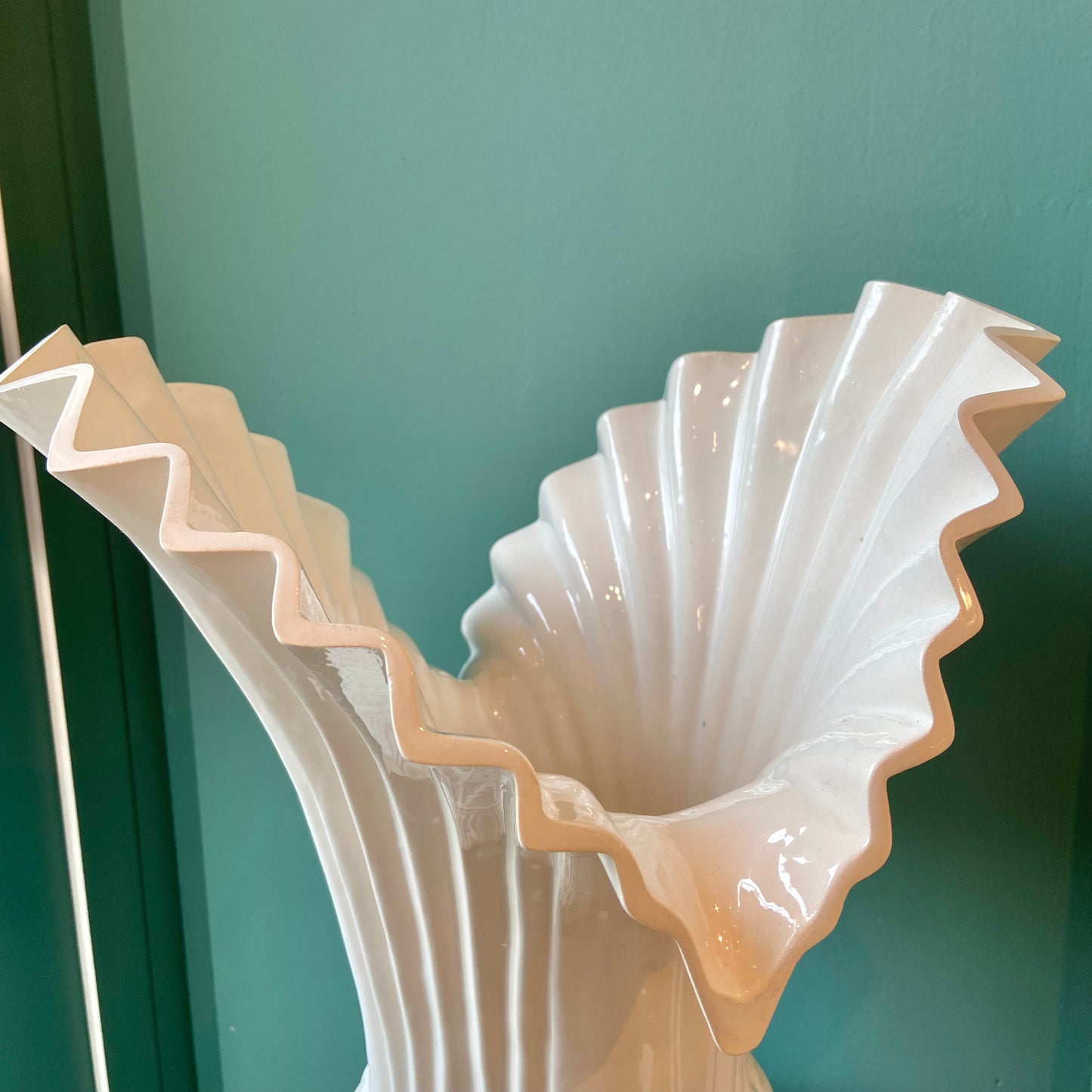 Large Vintage White Ceramic Fan Vase