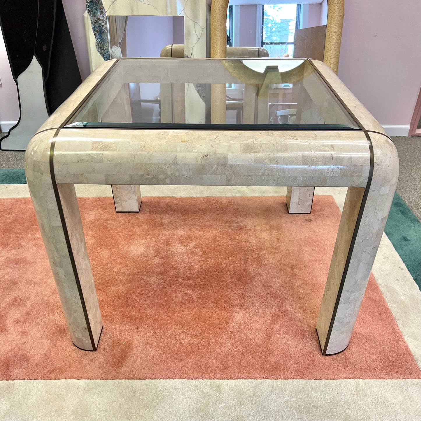 Vintage Tessellated Stone, Glass and Brass Inlay Square Dining Table