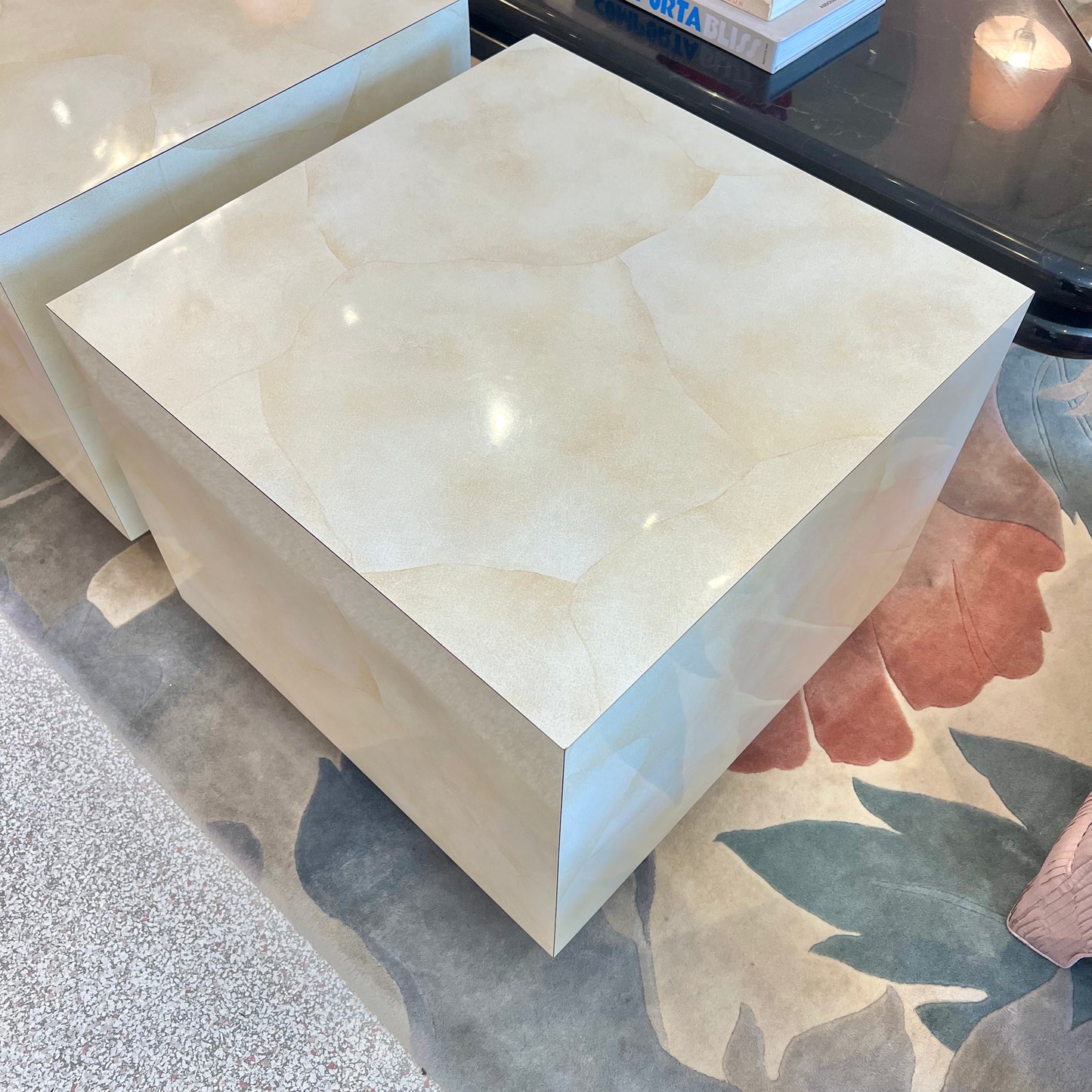 1980's Faux Goatskin Laminate Cube Side Table/item