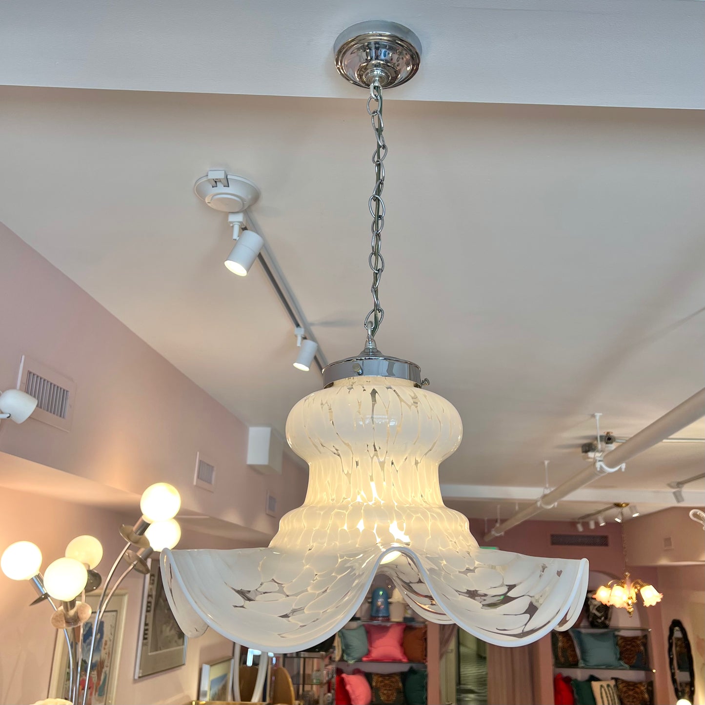 Vintage Carlo Nason Style Murano Glass White Frosted Pendant Chandelier