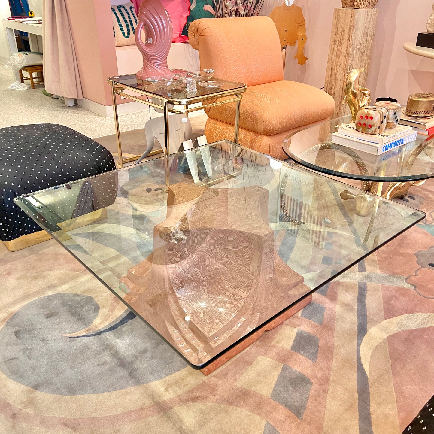 Vintage Square Fiberglass Faux Stone Swirl Base Coffee Table