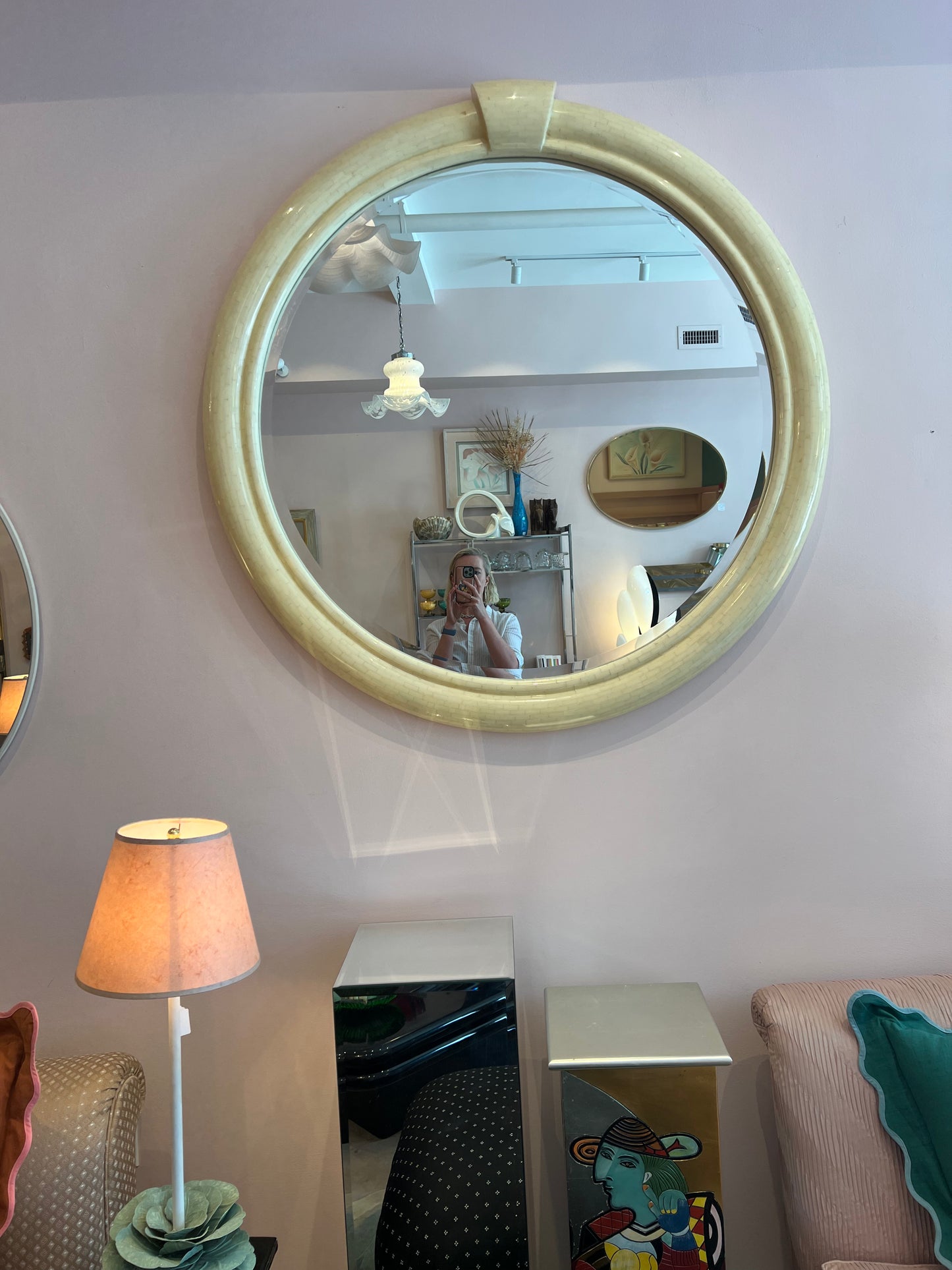Vintage Extra Large Circular Tessellated Bone Mirror by Enrique Garcel
