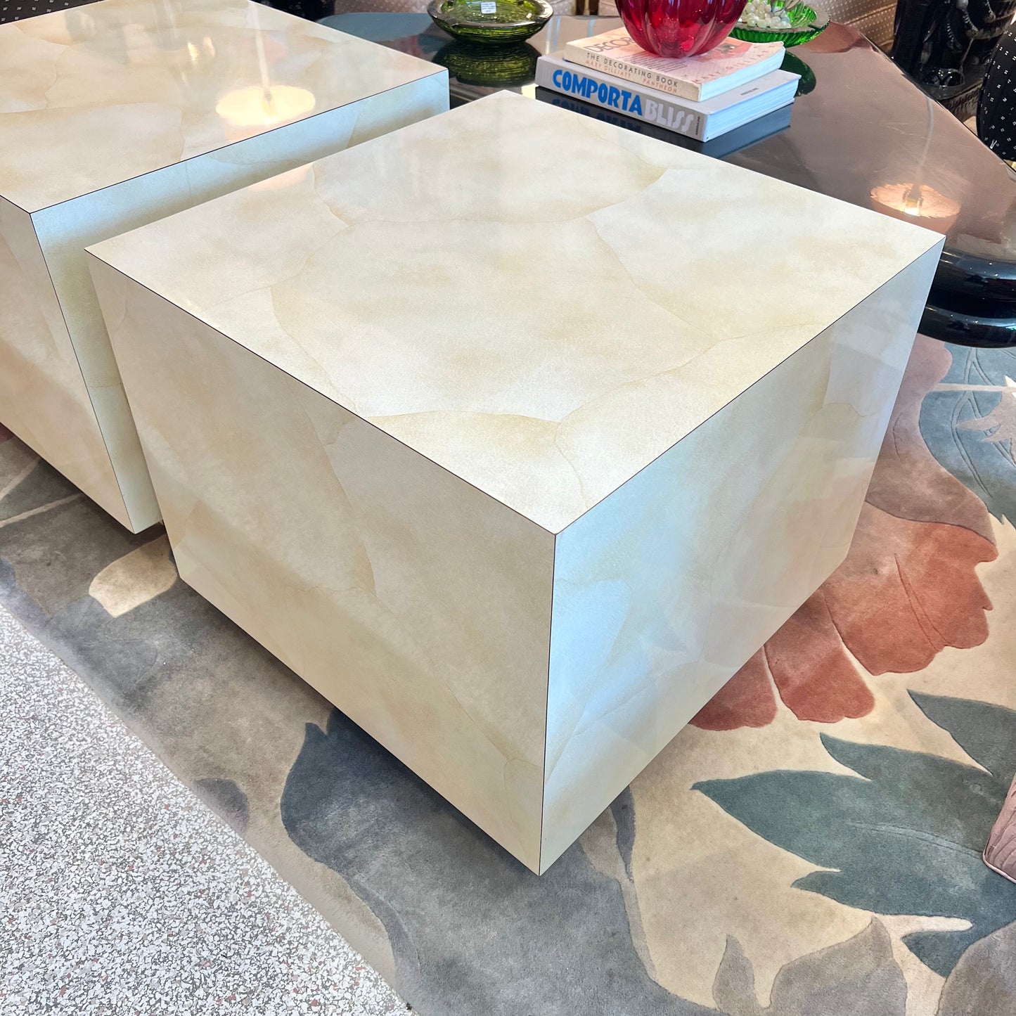 1980's Faux Goatskin Laminate Cube Side Table/item