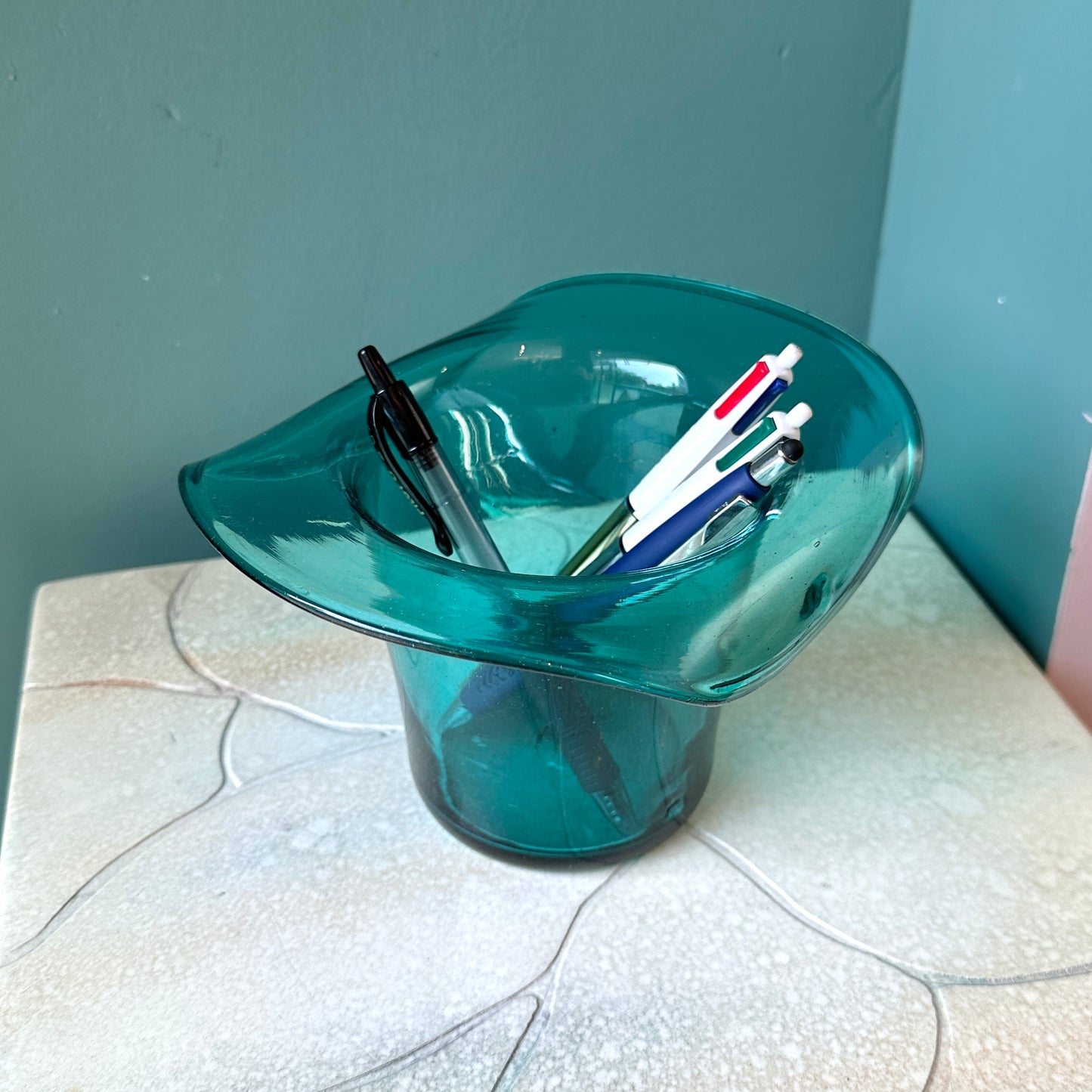 Vintage Fenton Style Teal Colored Glass Top Hat Vase