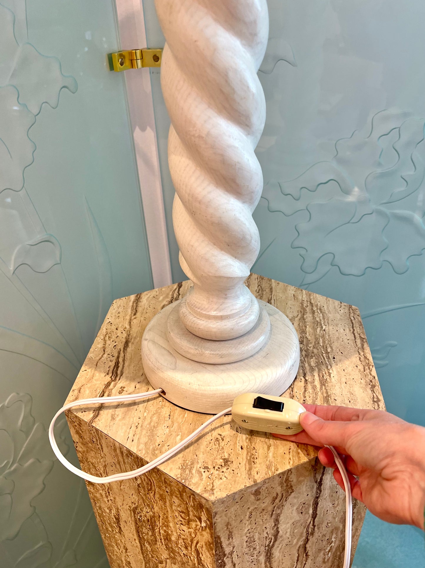 Vintage Spiral Base White Washed Wooden Lamp