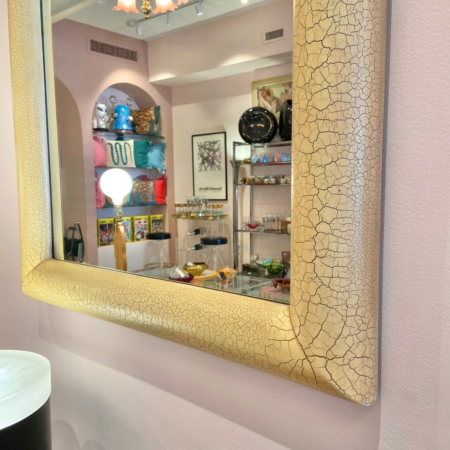 Large Vintage Karl Springer Style Crackle Paint and Gold Leaf Mirror
