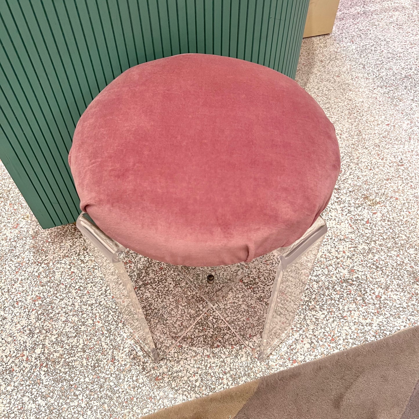 Vintage Lucite and Pink Velvet Vanity Stool