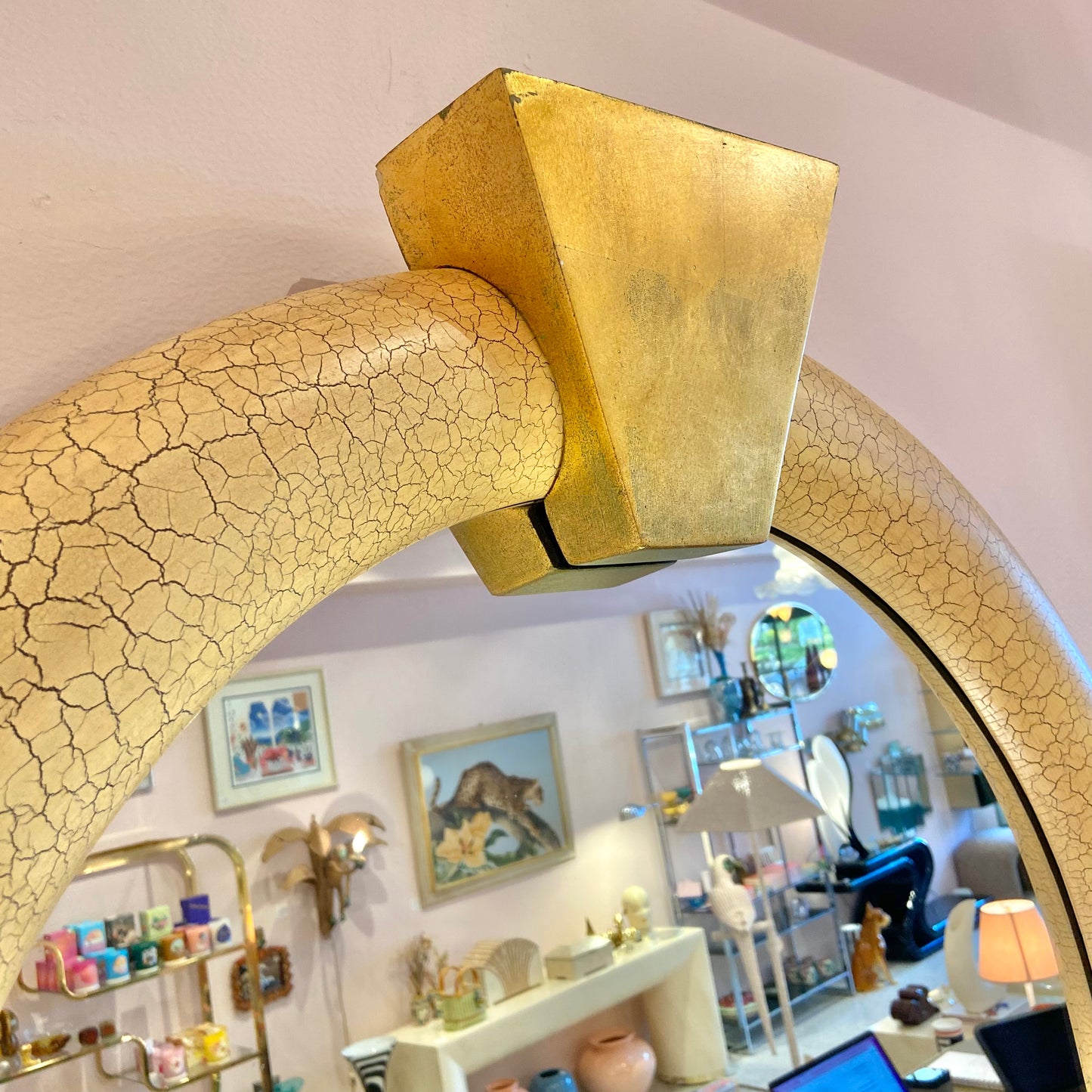 Large Vintage Karl Springer Style Crackle Paint and Gold Leaf Mirror