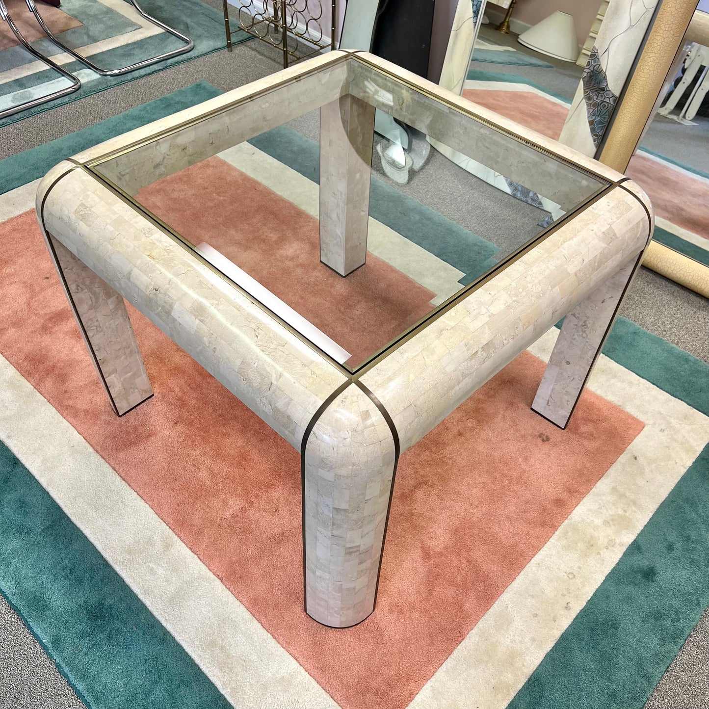 Vintage Tessellated Stone, Glass and Brass Inlay Square Dining Table