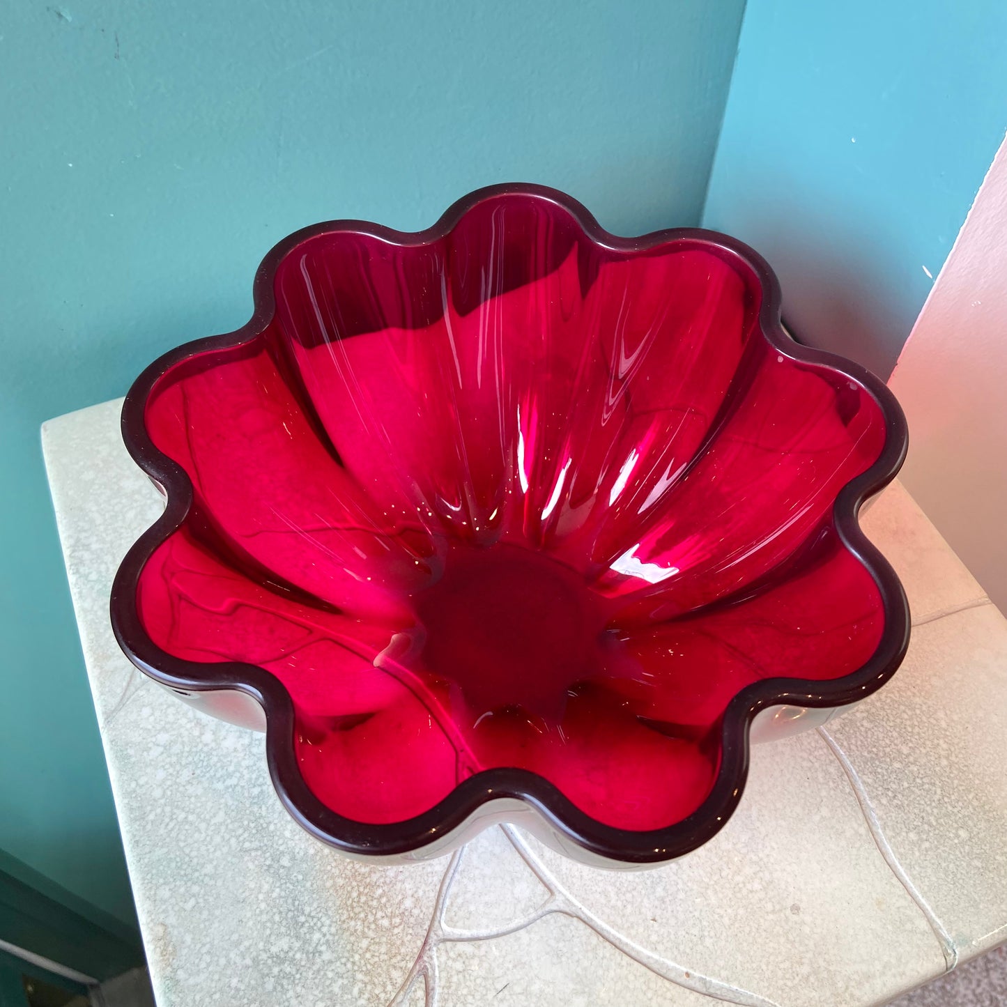 Vintage Crystal Ruby Scalloped Edge Serving Bowl