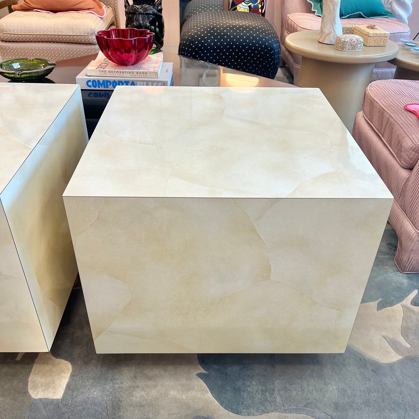 1980's Faux Goatskin Laminate Cube Side Table/item