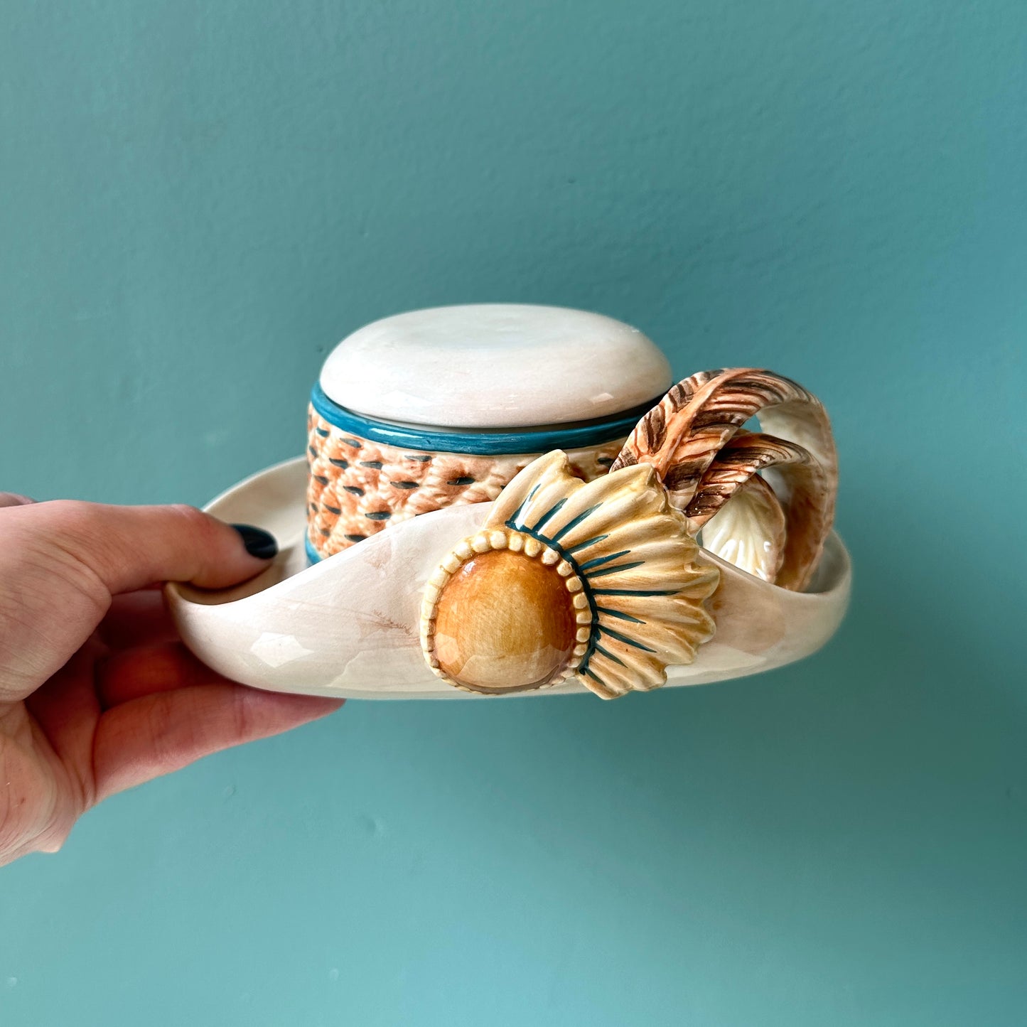 Vintage Fitz and Floyd Feathered Ceramic Hat Trinket Box