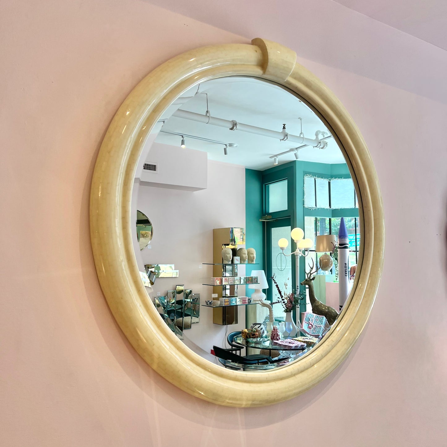 Vintage Extra Large Circular Tessellated Bone Mirror by Enrique Garcel
