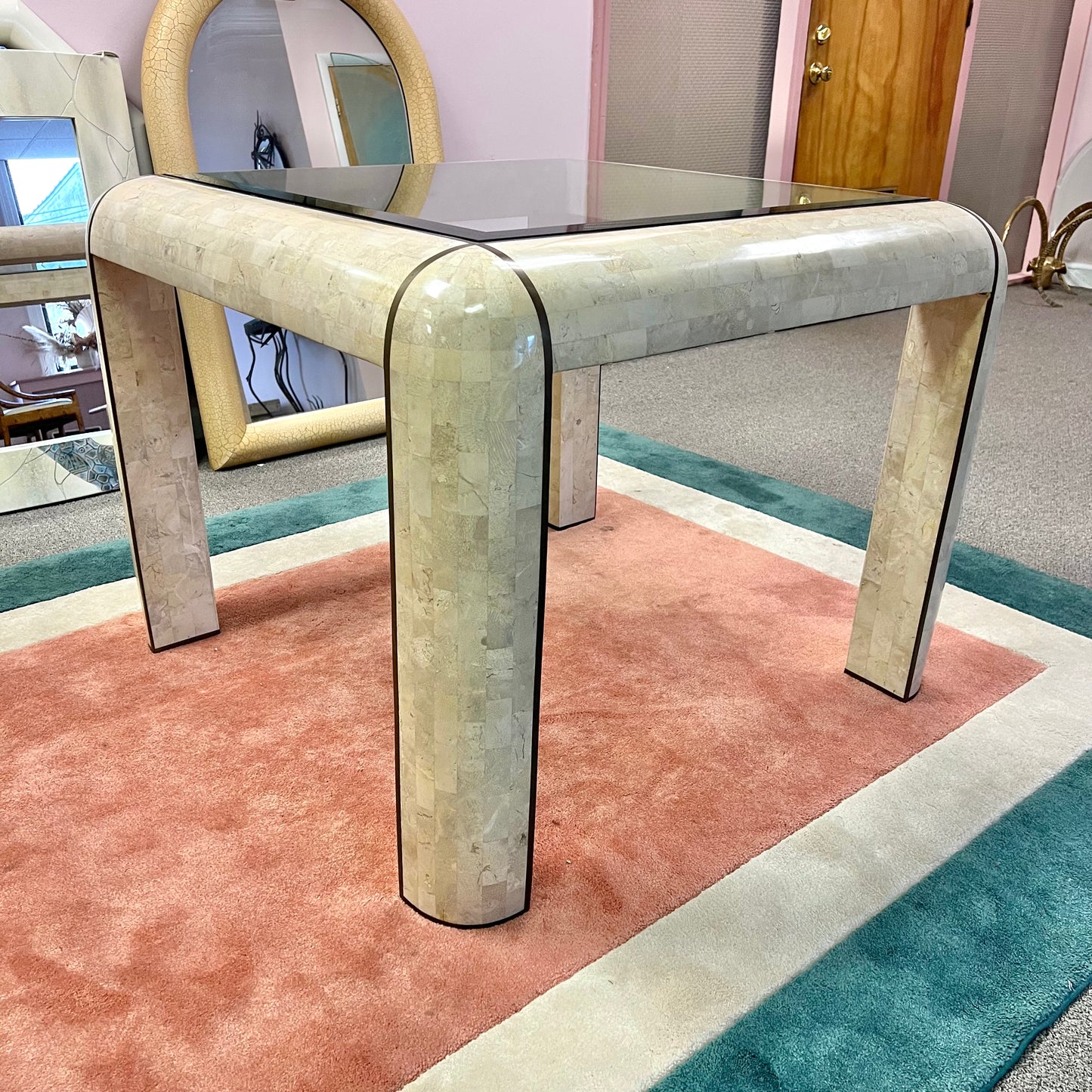 Vintage Tessellated Stone, Glass and Brass Inlay Square Dining Table
