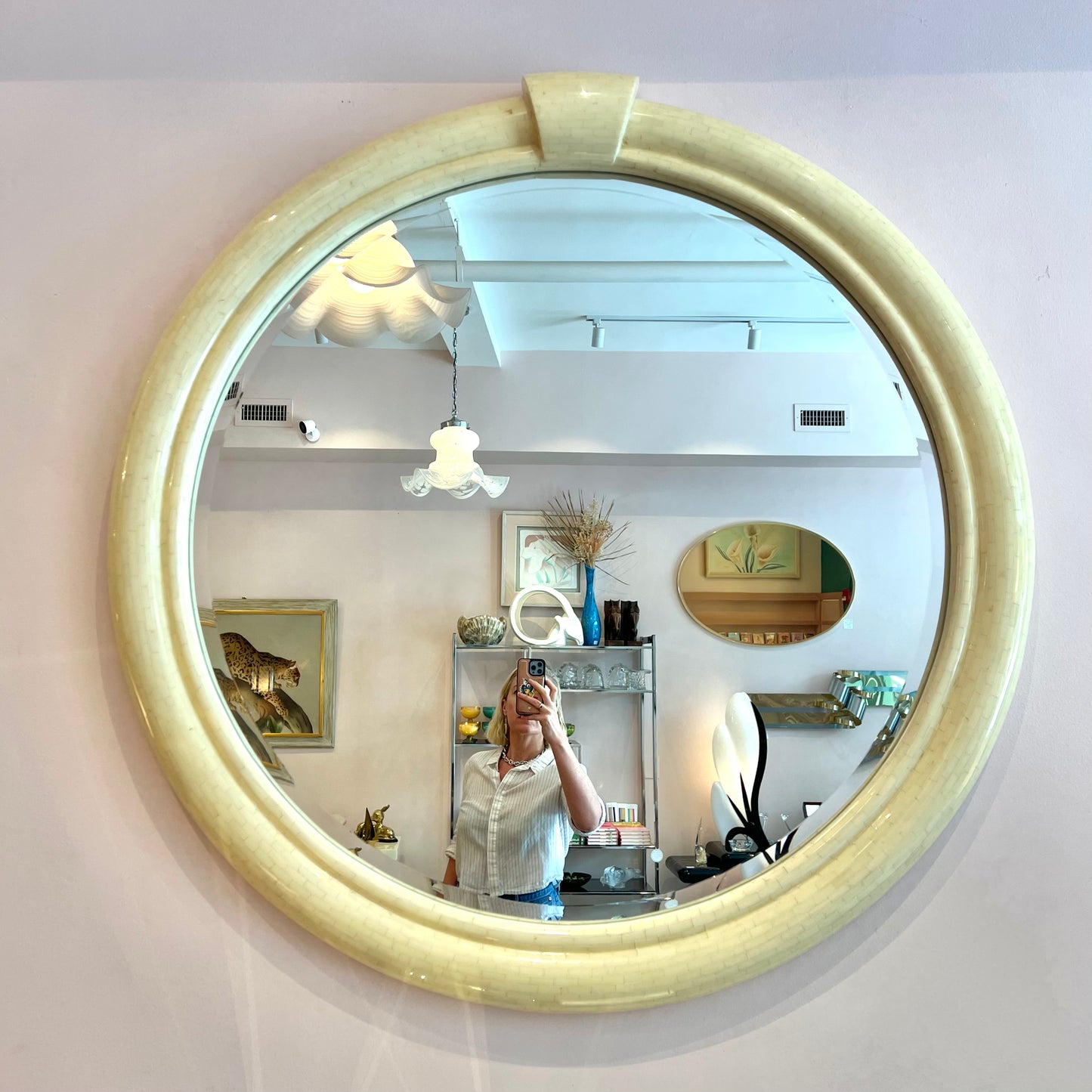 Vintage Extra Large Circular Tessellated Bone Mirror by Enrique Garcel