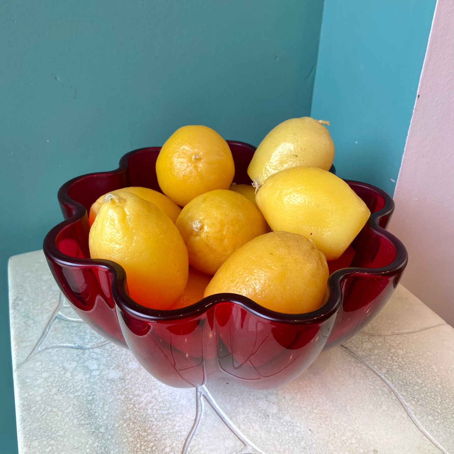 Vintage Crystal Ruby Scalloped Edge Serving Bowl