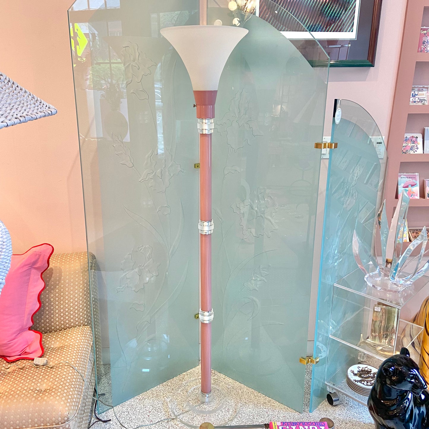 1980’s Pink Stacked Lucite Torchiere Floor Lamp/item