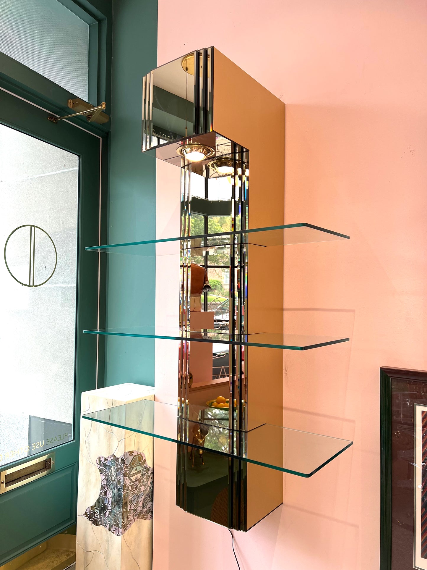 Vintage Paul Evans Style Bronze Mirrored Light Up Floating Shelves