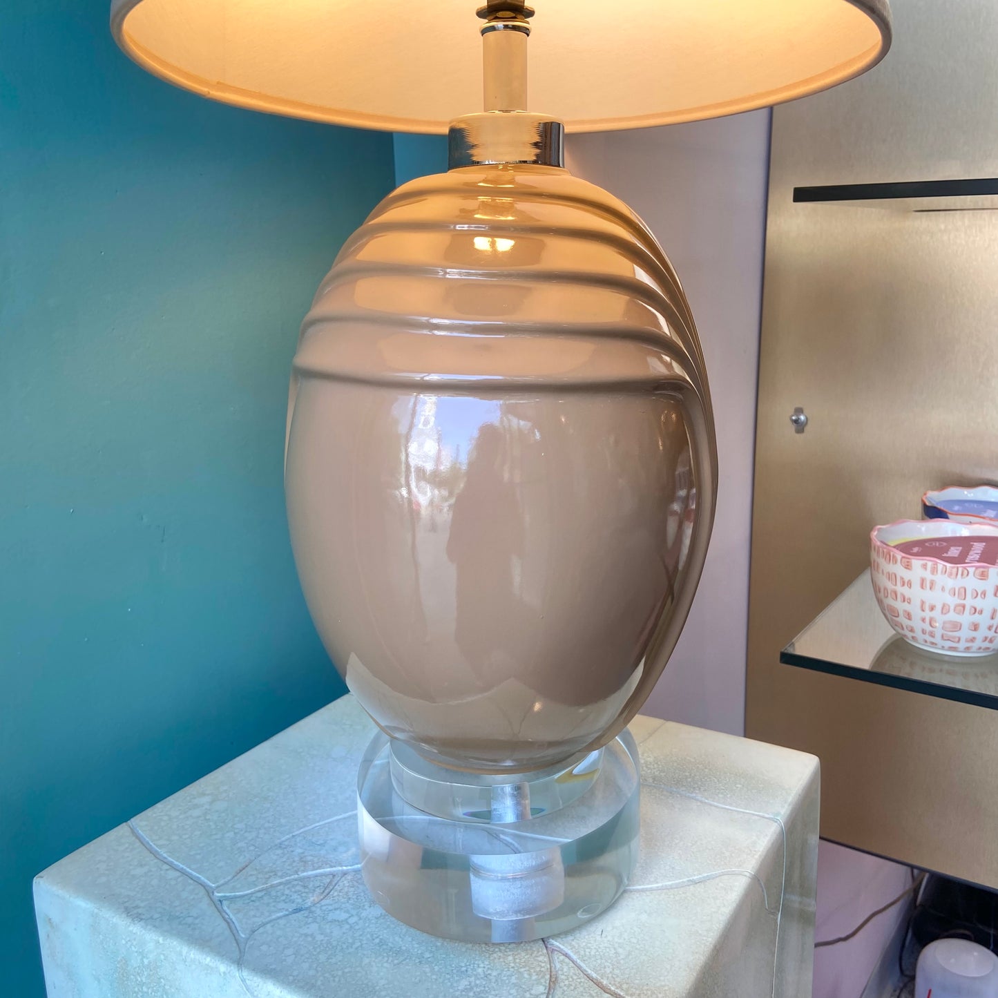 Vintage Art Deco Style Taupe Ceramic and Lucite Table Lamp