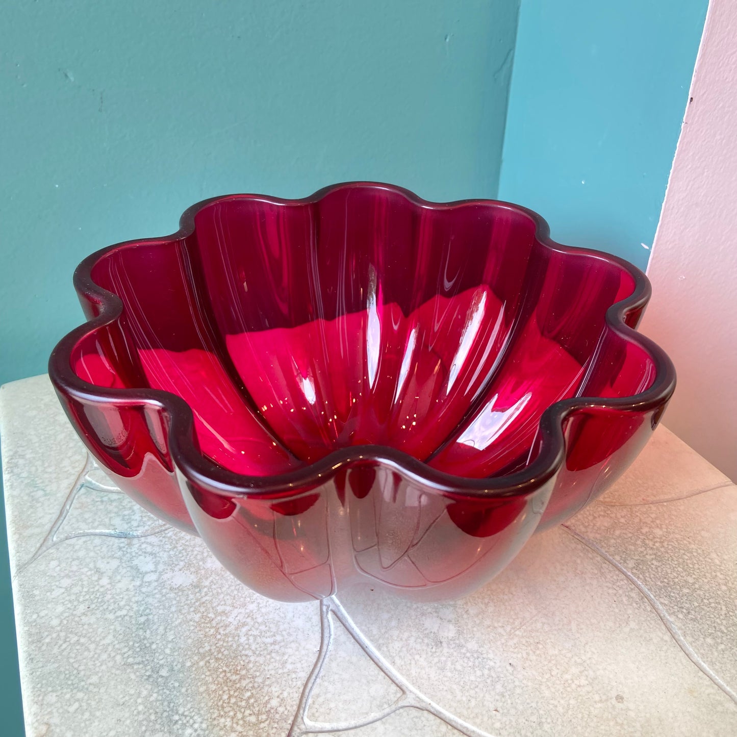 Vintage Crystal Ruby Scalloped Edge Serving Bowl