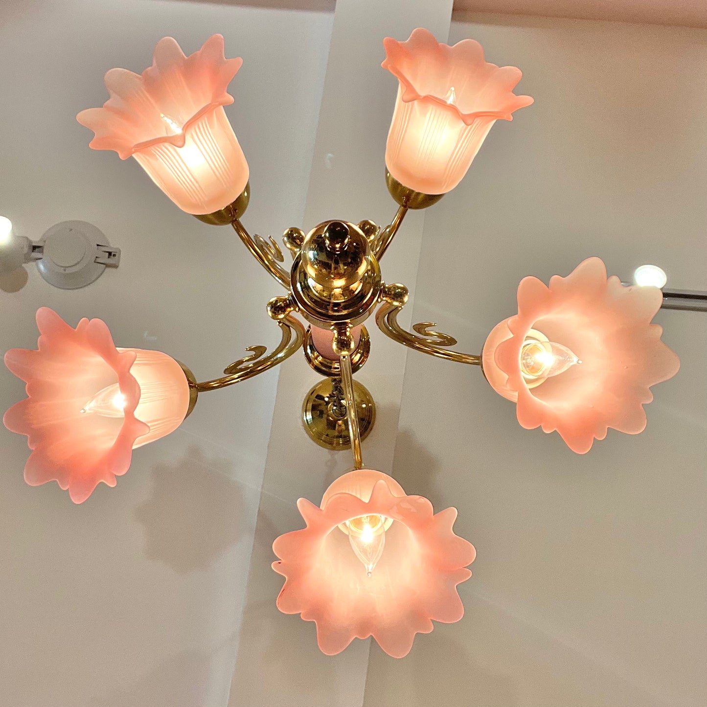 Vintage Pink Murano Glass Style Flower Shade Chandelier