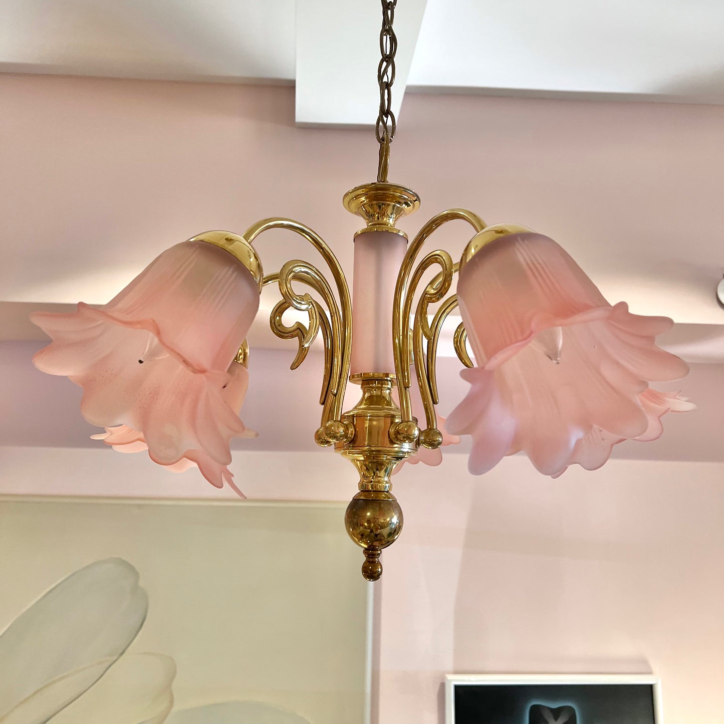 Vintage Pink Murano Glass Style Flower Shade Chandelier