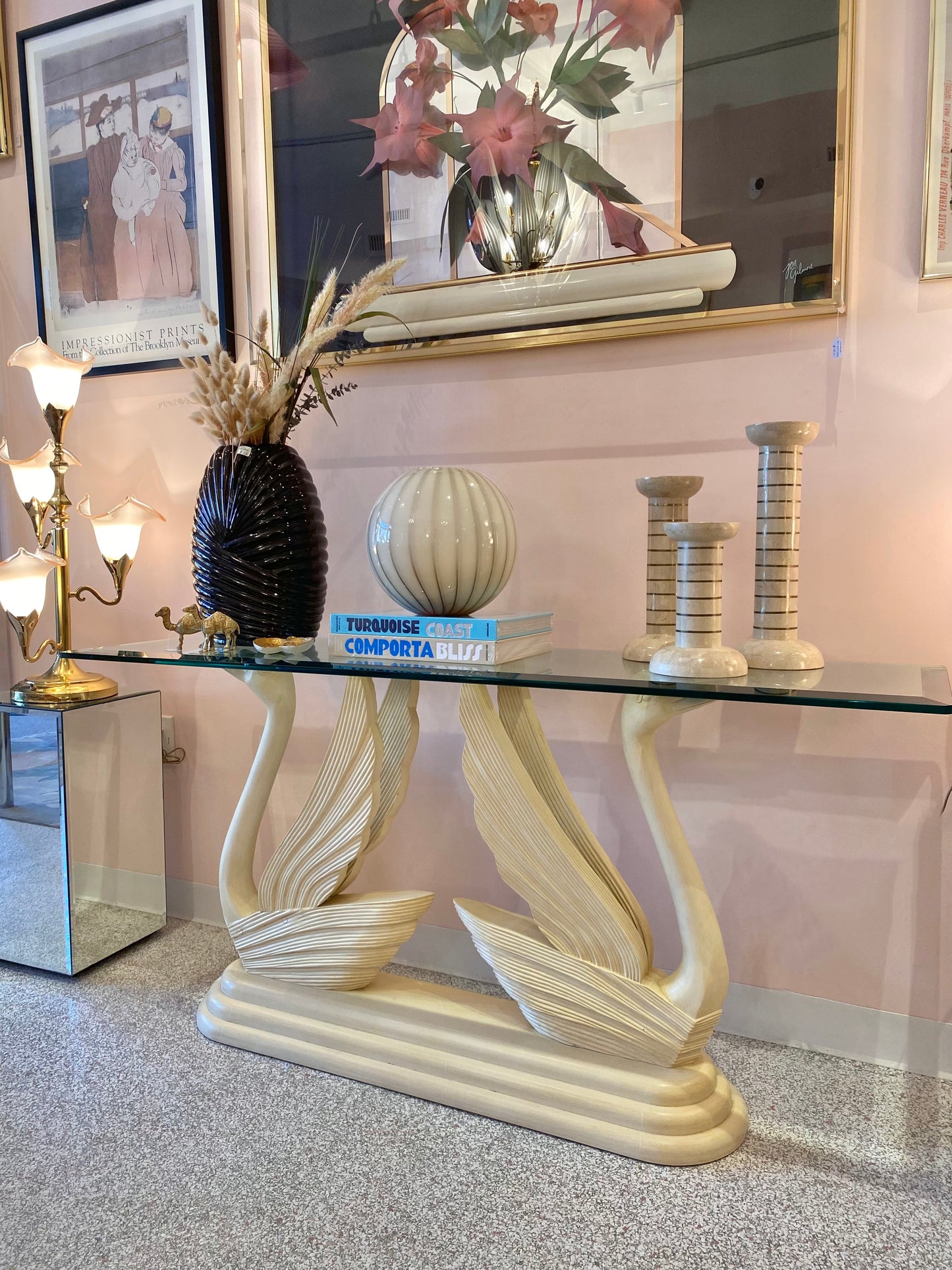Vintage Swan Console Table with Glass Top