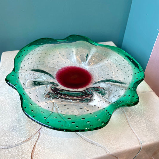 Vintage Green and Crimson Biomorphic Bullicante Glass Dish