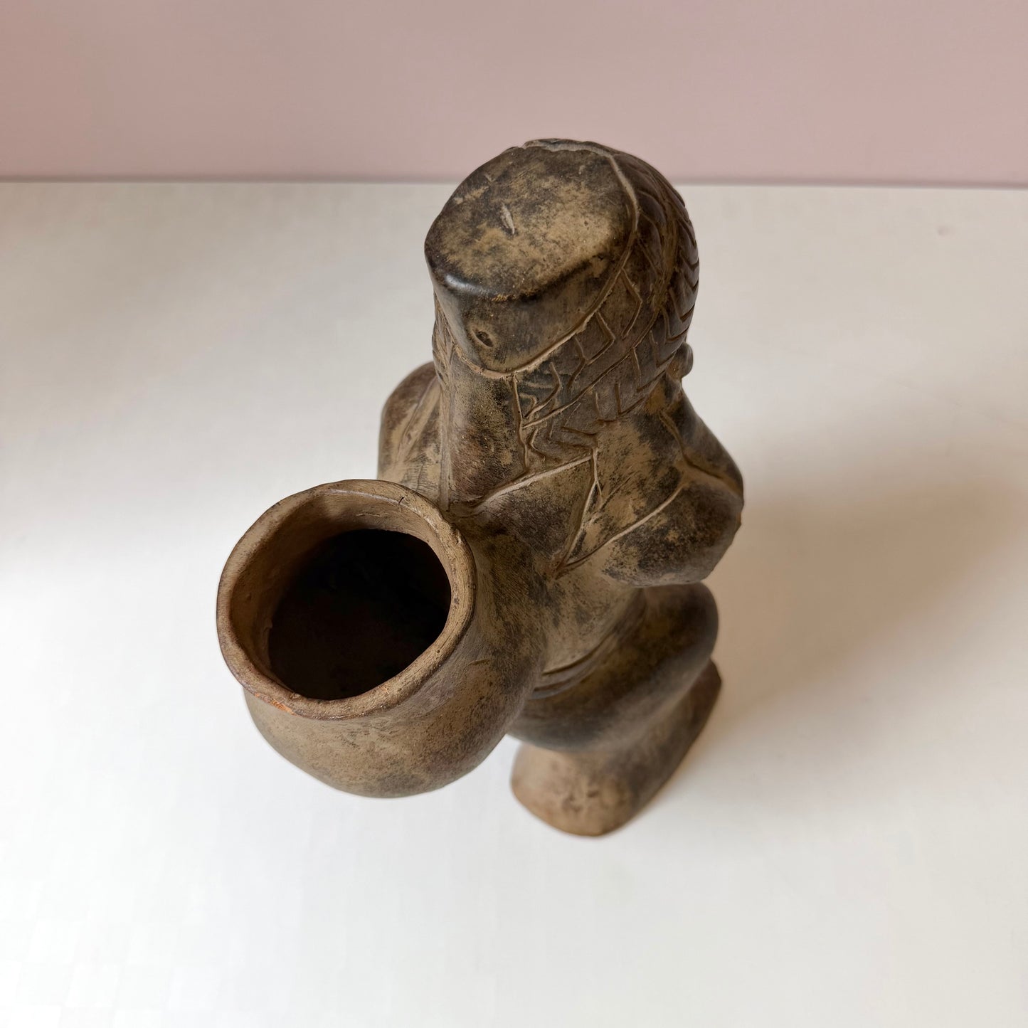 Vintage Mid-Century Aztec-Style 'Figure Carrying a Basket' Clay Pottery Planter (as is)