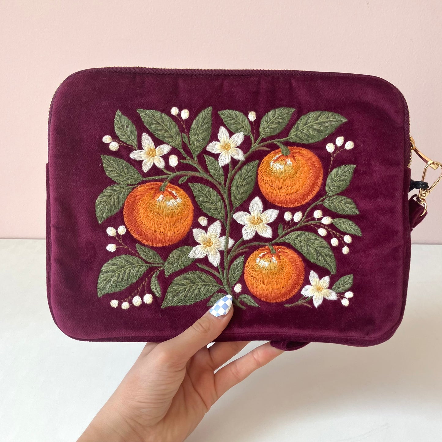 Burgundy Velvet Embroidered Everything Pouch - Oranges