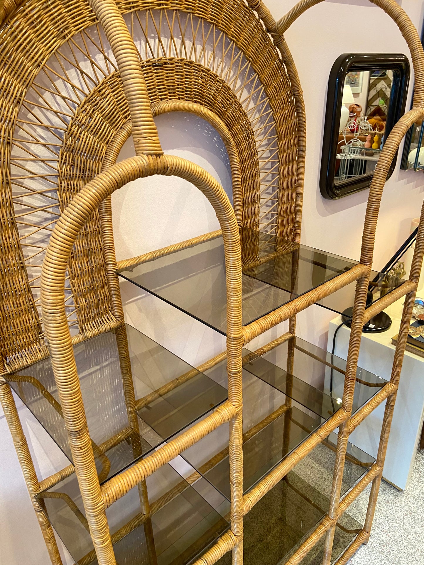 Vintage Wicker Rattan Etagere with Smoked Glass