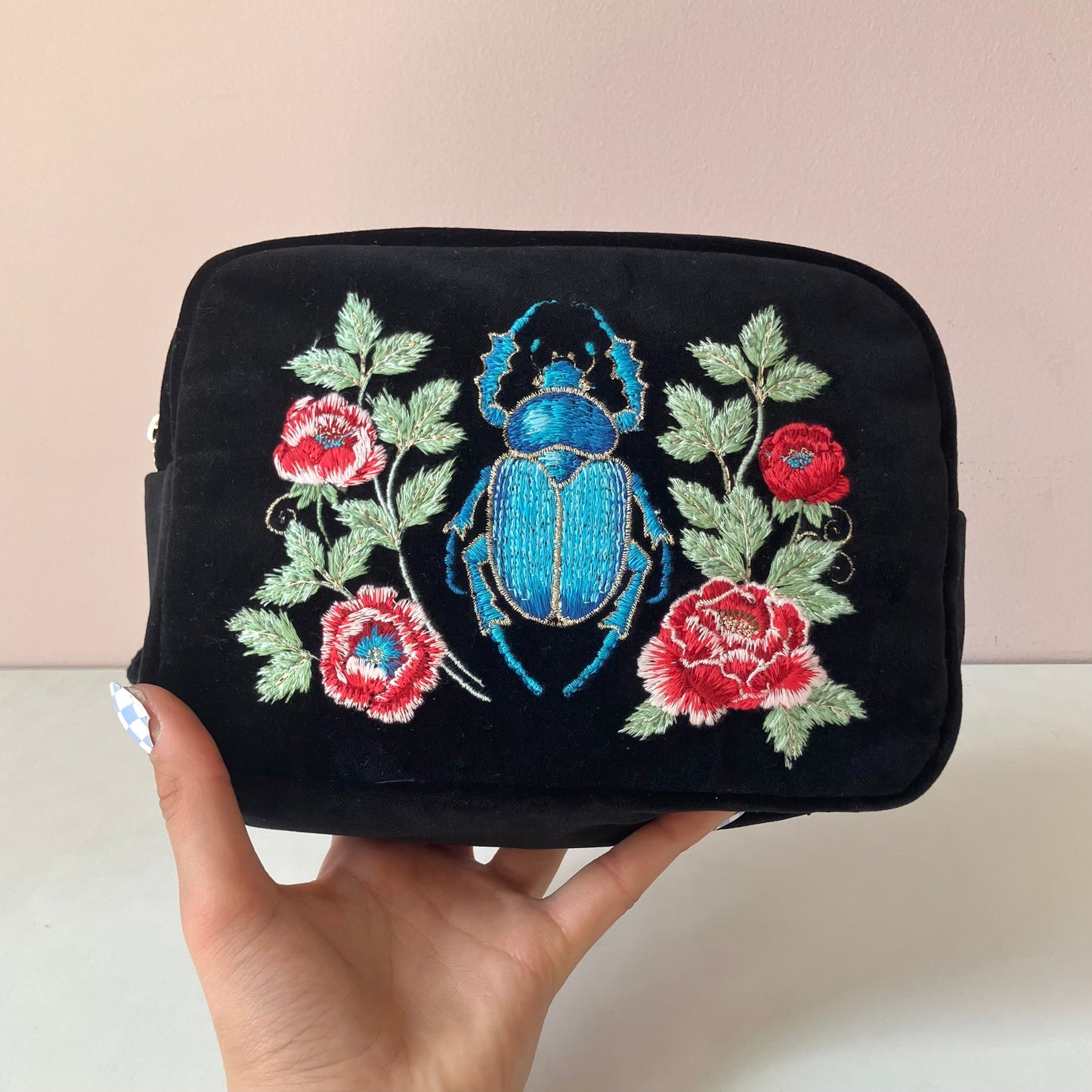 Velvet Embroidered Makeup Bag - Beetle