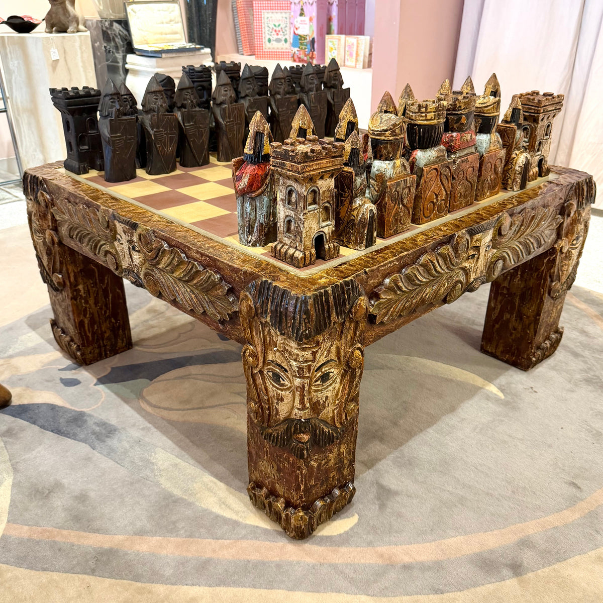 Vintage Mid-Century Carved Chess Board Coffee Table with Chess Pieces
