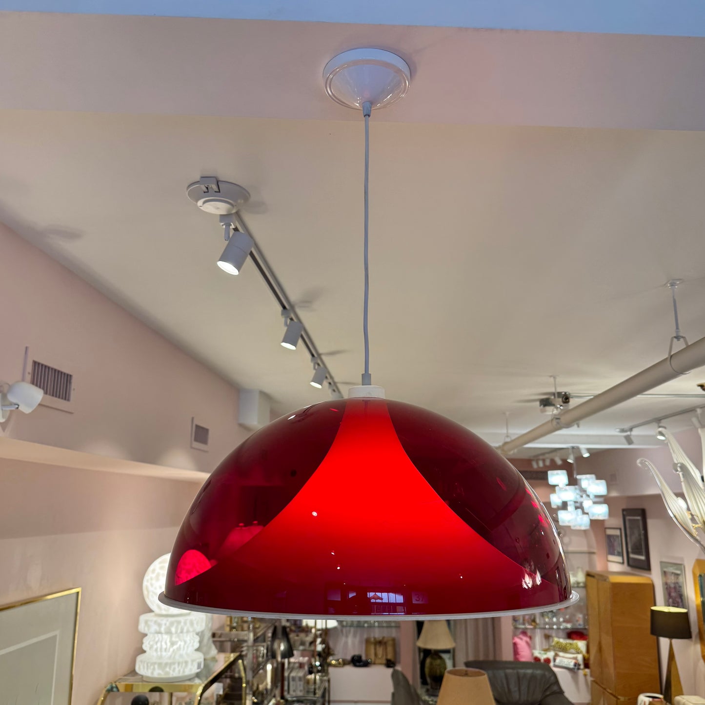 Vintage Red and White Space Age Dome Pendant Light