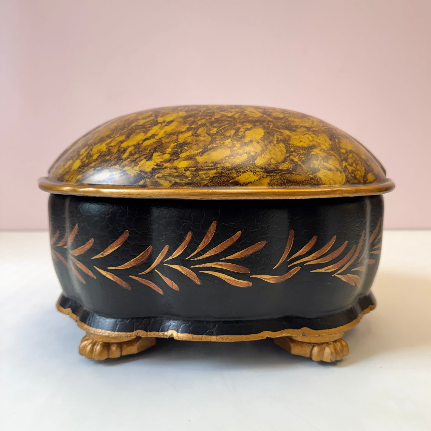 Vintage Large Hand Painted "Tortoise" Shell Lidded Jewelry Box by Castilian Imports
