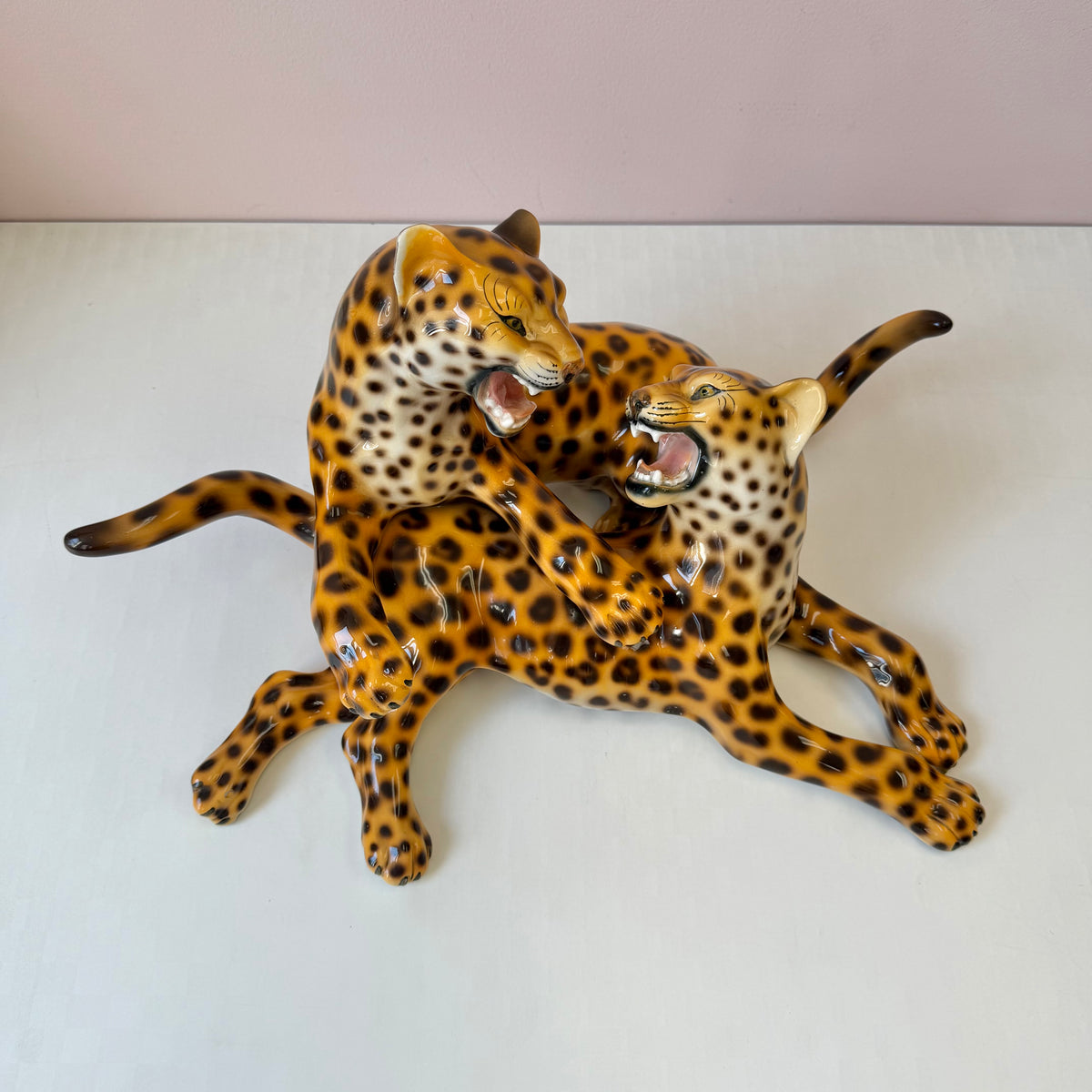 Vintage Mid-Century Ceramic Fighting Leopards Sculpture (as is)