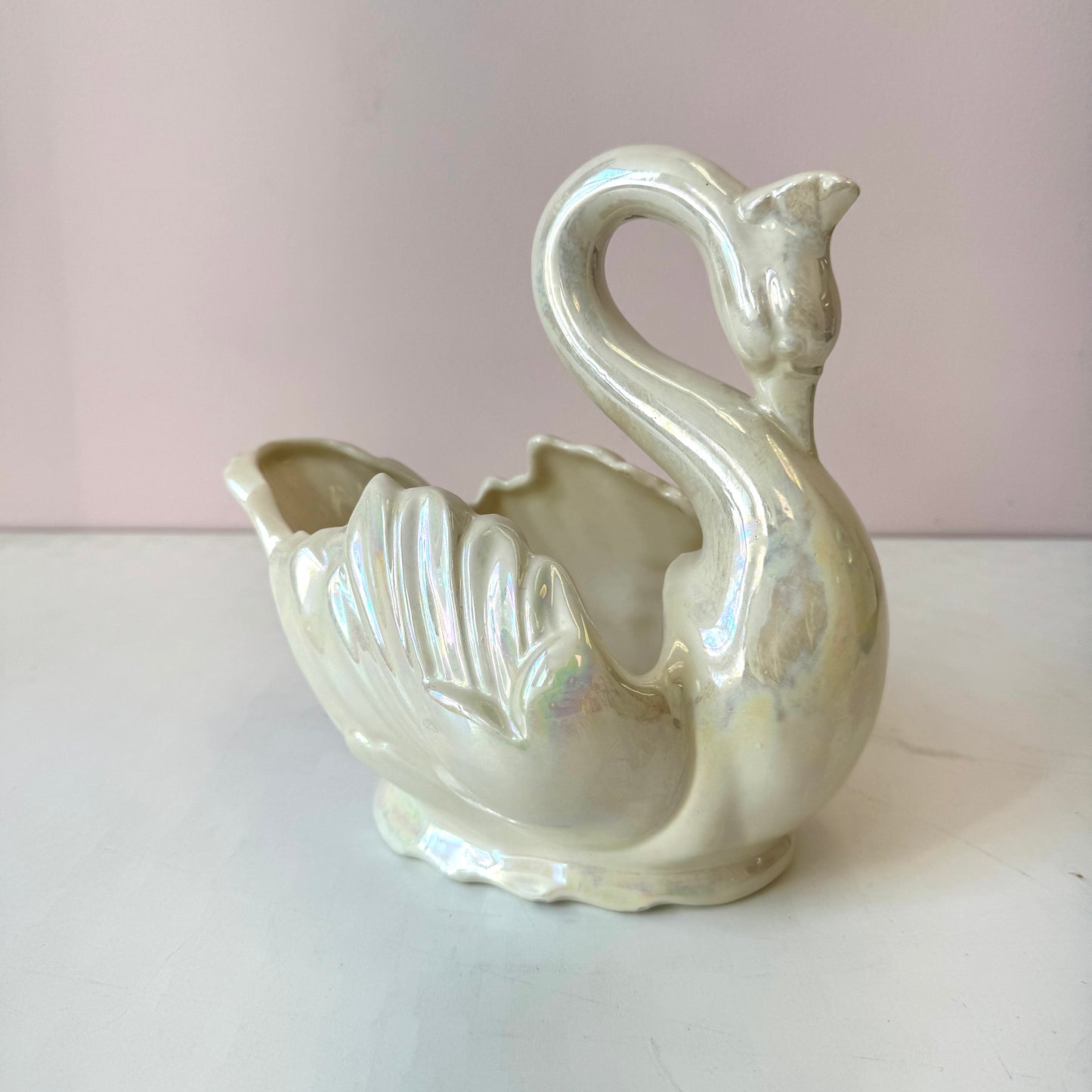 Vintage Iridescent Ceramic Swan Planter